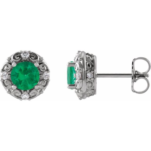 14K White 5 mm Natural Emerald & 1/6 CTW Natural Diamond Halo-Style Earrings