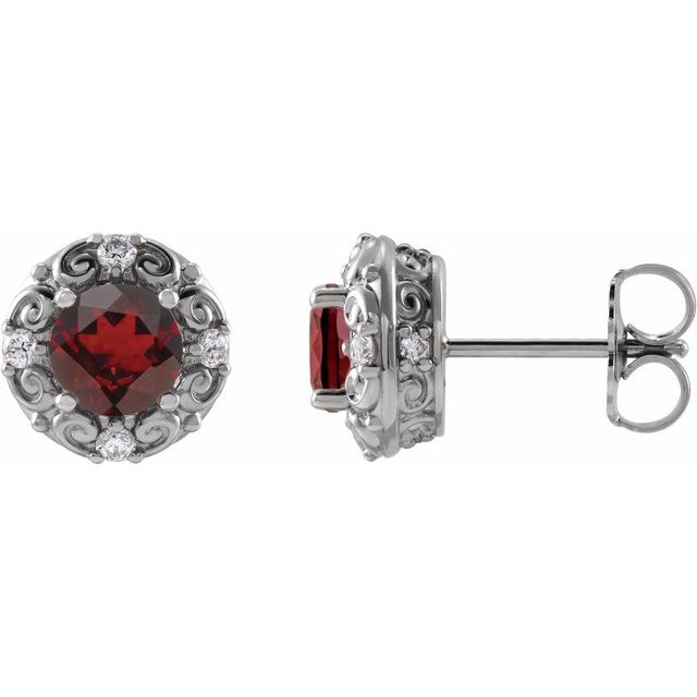 14K White 4 mm Natural Mozambique Garnet & 1/10 CTW Natural Diamond Halo-Style Earrings