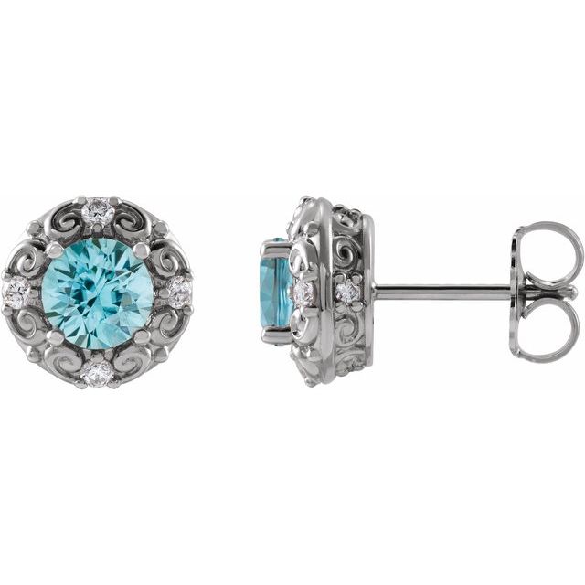 14K White 6 mm Natural Blue Zircon & 1/4 CTW Natural Diamond Halo-Style Earrings