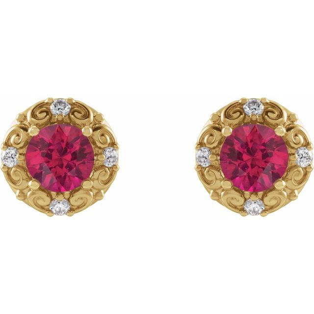14K Yellow 4 mm Natural Ruby & 1/10 CTW Natural Diamond Halo-Style Earrings