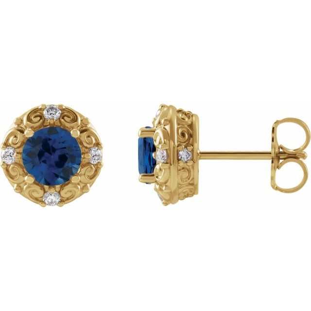 14K Yellow 6 mm Lab-Grown Blue Sapphire & 1/4 CTW Natural Diamond Halo-Style Earrings