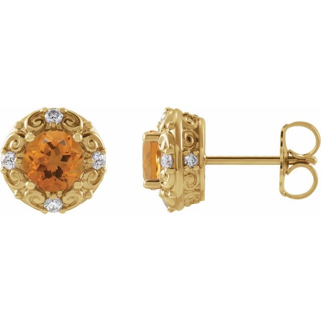 14K Yellow 5 mm Natural Citrine & 1/6 CTW Natural Diamond Halo-Style Earrings