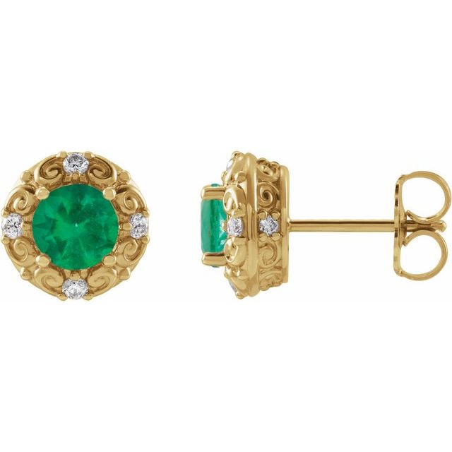 14K Yellow 5 mm Natural Emerald & 1/6 CTW Natural Diamond Halo-Style Earrings