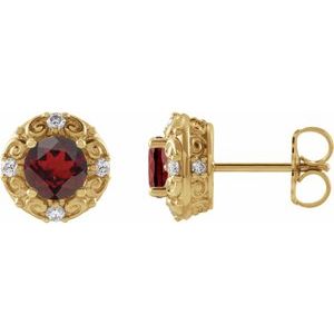14K Yellow 6 mm Natural Mozambique Garnet & 1/4 CTW Natural Diamond Halo-Style Earrings