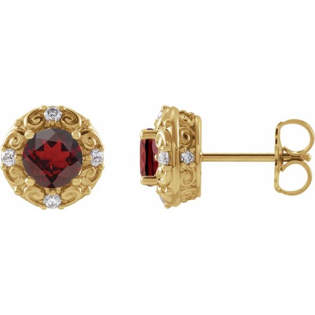 14K Yellow 4 mm Natural Mozambique Garnet & 1/10 CTW Natural Diamond Halo-Style Earrings