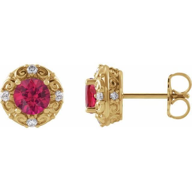 14K Yellow 5 mm Natural Ruby & 1/6 CTW Natural Diamond Halo-Style Earrings