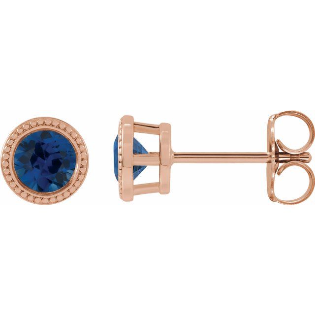 14K Rose 3.5 mm Natural Blue Sapphire Beaded Bezel-Set Earrings