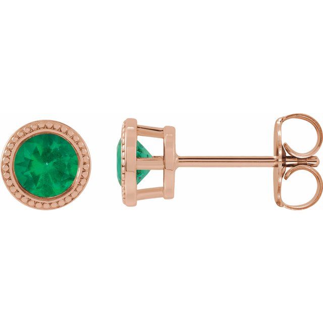 14K Rose 6 mm Lab-Grown Emerald Beaded Bezel-Set Earrings