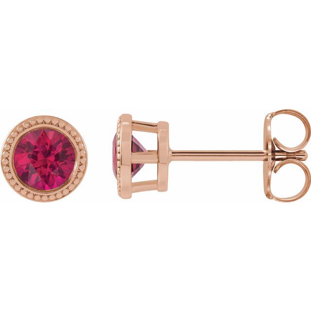 14K Rose 4 mm Lab-Grown Ruby Beaded Bezel-Set Earrings