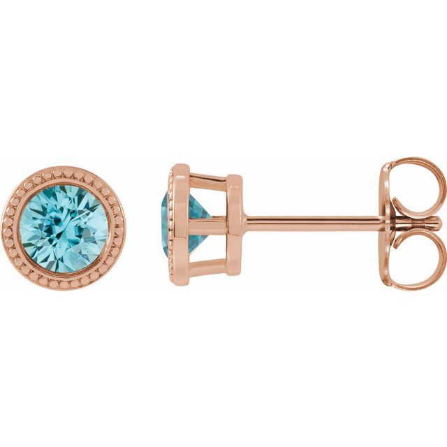 14K Rose 5 mm Natural Blue Zircon Beaded Bezel-Set Earrings