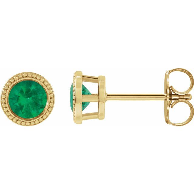 14K Yellow 3 mm Lab-Grown Emerald Beaded Bezel-Set Earrings