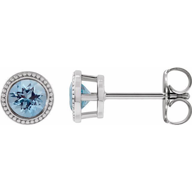 Sterling Silver 4 mm Natural Aquamarine Beaded Bezel-Set Earrings