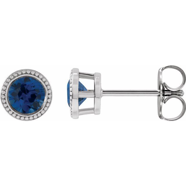 14K White 4 mm Natural Blue Sapphire Beaded Bezel-Set Earrings