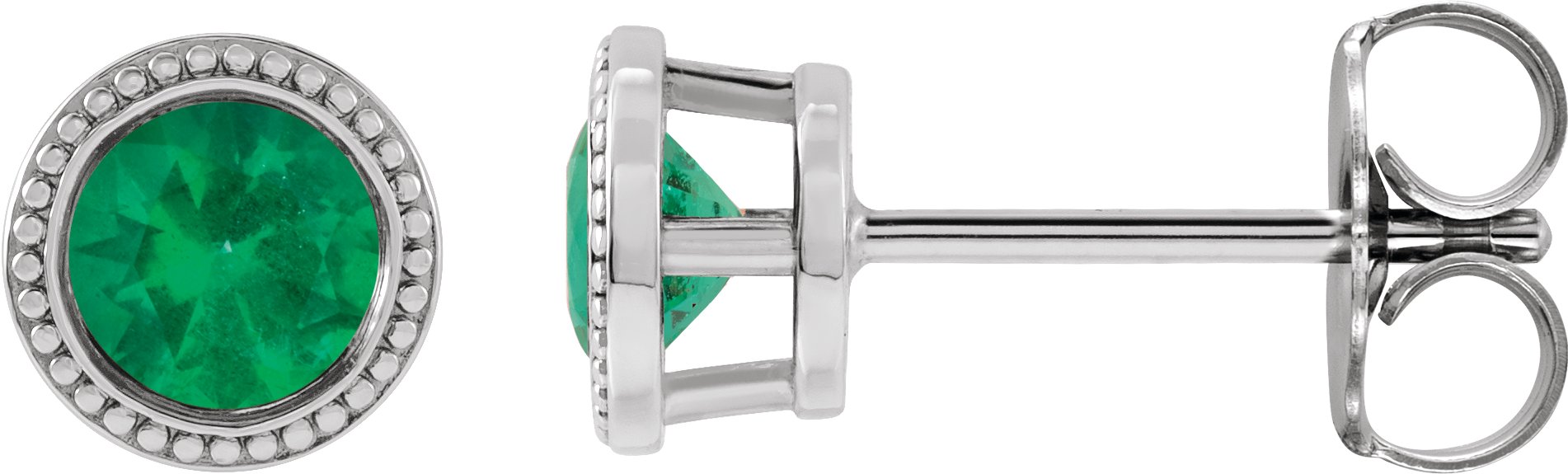 14K White 5 mm Natural Emerald Beaded Bezel-Set Earrings