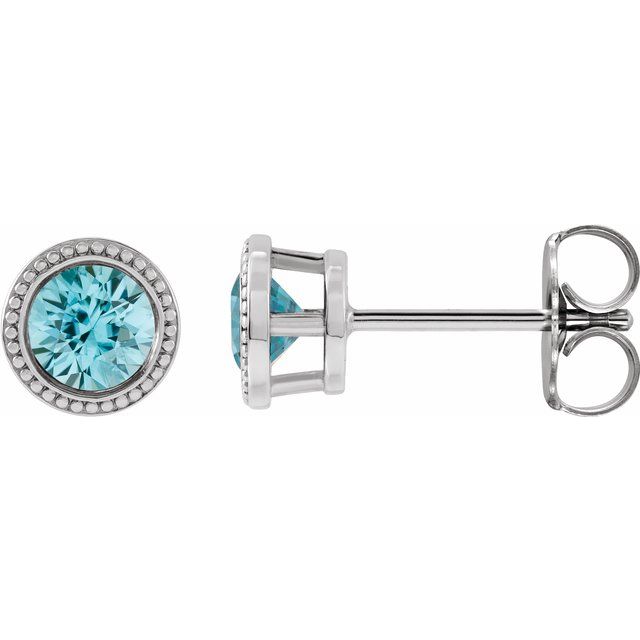 Platinum 6 mm Natural Blue Zircon Beaded Bezel-Set Earrings