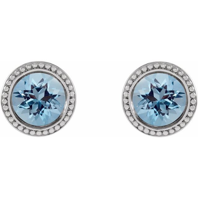 Sterling Silver 4 mm Natural Aquamarine Beaded Bezel-Set Earrings