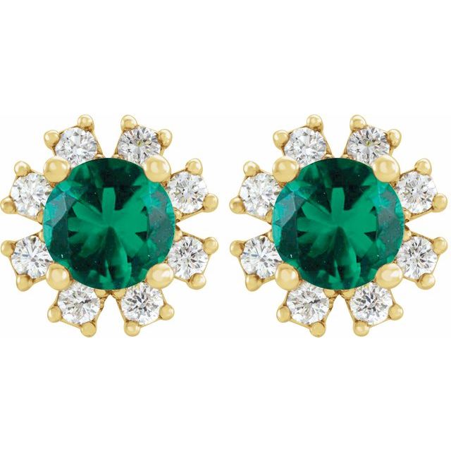 14K Yellow Lab-Grown Emerald & 1/5 CTW Natural Diamond Earrings