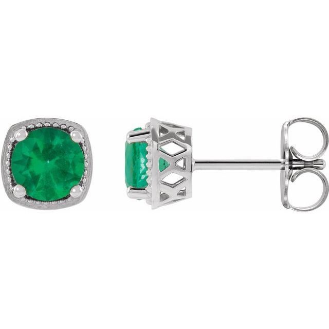 14K White 4 mm Natural Emerald Earrings