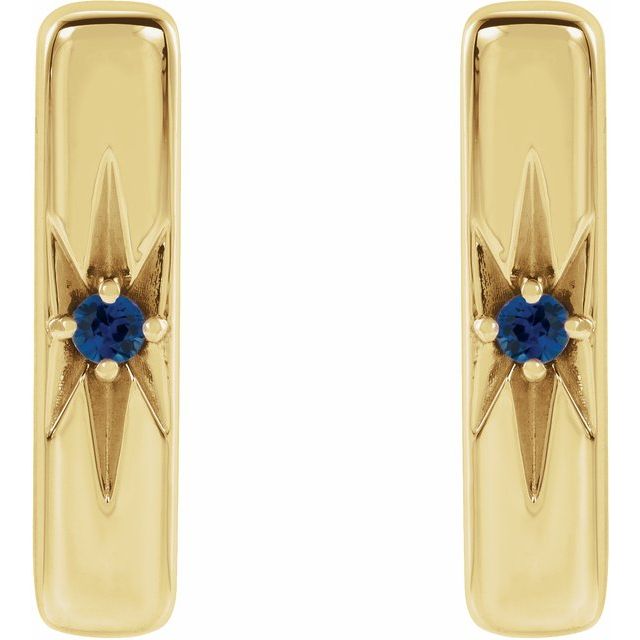14K Yellow Natural Blue Sapphire Starburst Bar Earrings