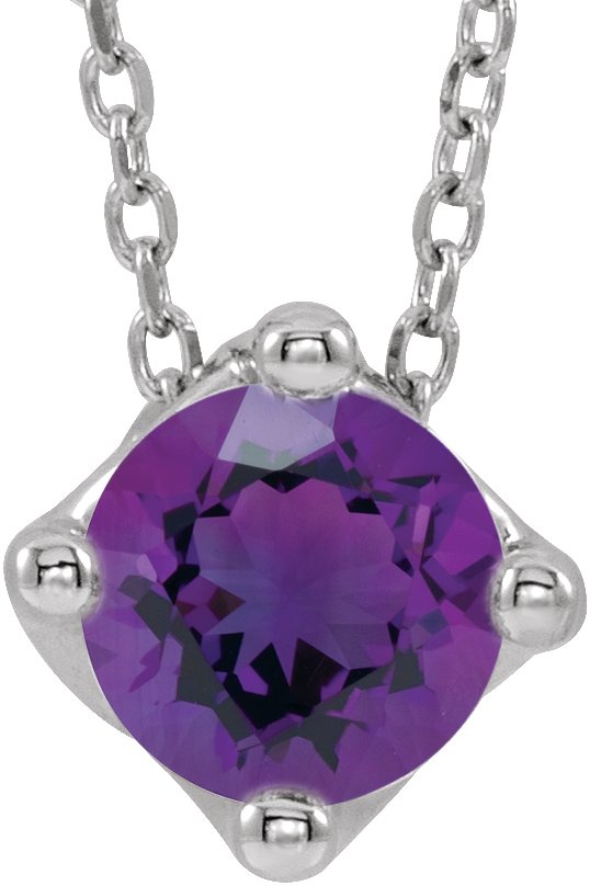 14K White 6 mm Round Natural Amethyst Solitaire 16-18 Necklace