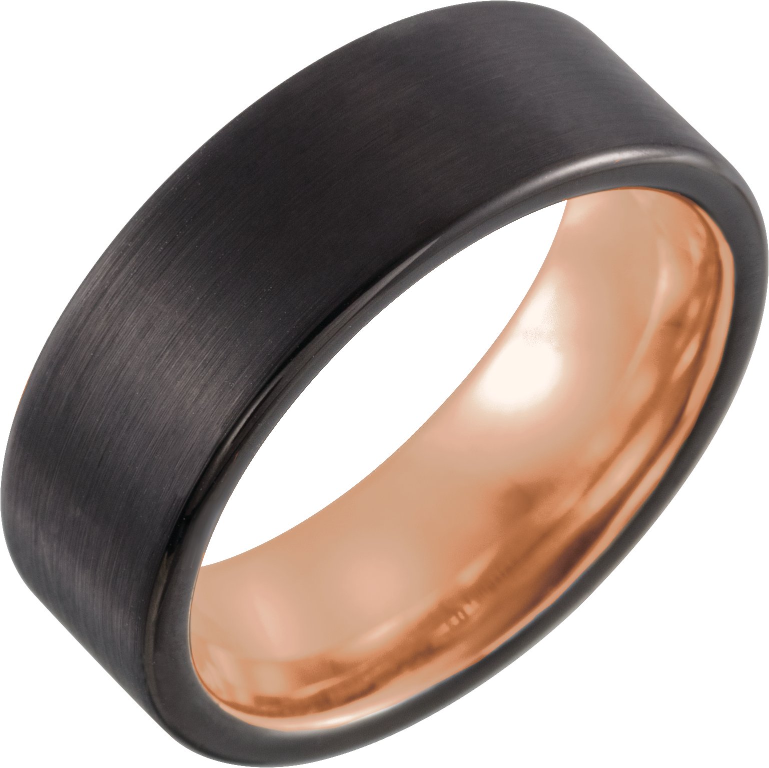 18K Rose Gold PVD and Black PVD Tungsten 8 mm Flat Edge Size 9.5 Band with Satin Finish
