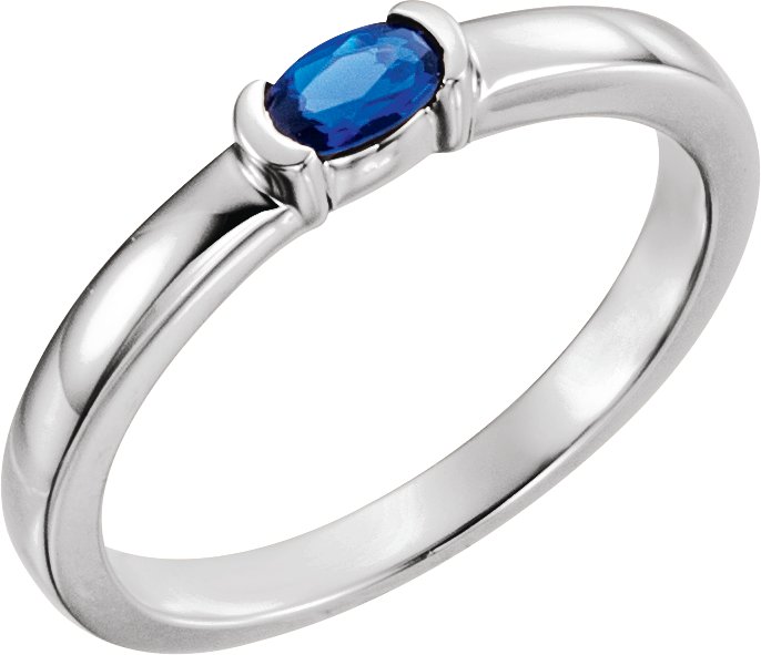 14K White Chatham Created Blue Sapphire Oval Stackable Family Ring Ref 16232424