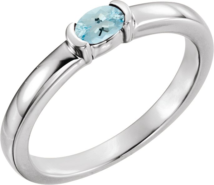 14K White Aquamarine Oval Stackable Family Ring 