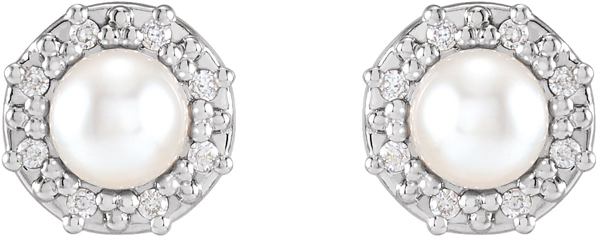 14K White Cultured White Akoya Pearl & .07 CTW Natural Diamond Halo-Style Earrings