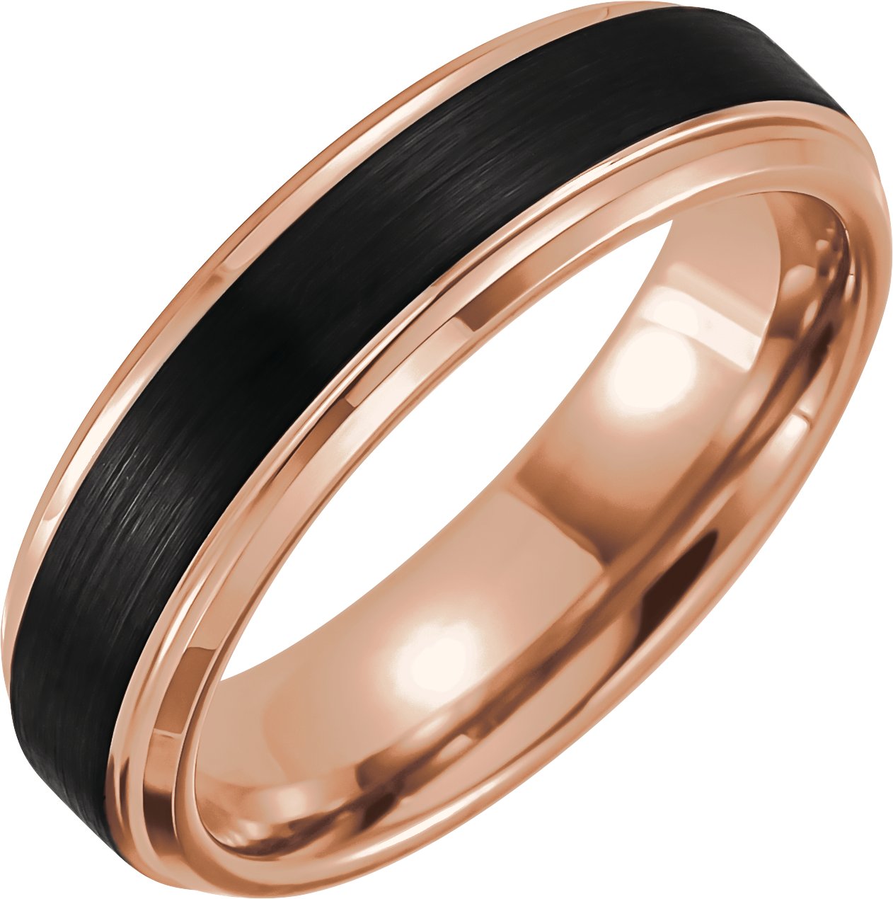 18K Rose Gold PVD & Black PVD Tungsten 6 mm Beveled Stepped Edge Satin Band Size 12.5