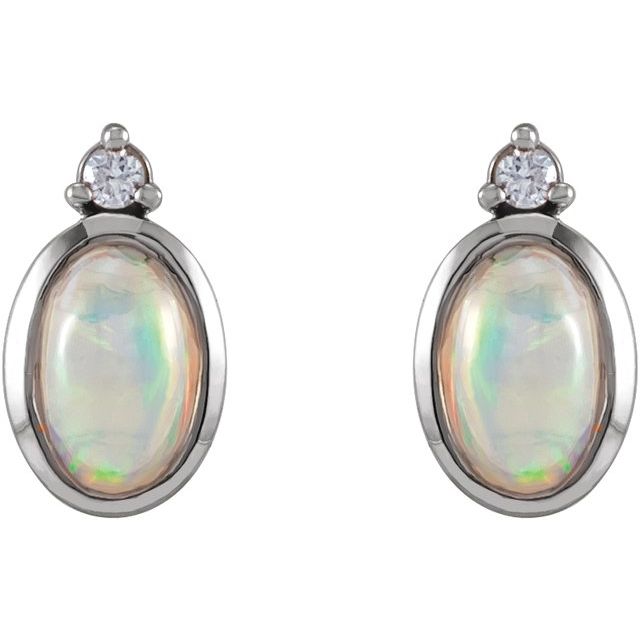 14K White Natural White Ethiopian Opal & .03 CTW Natural Diamond Bezel-Set Earrings