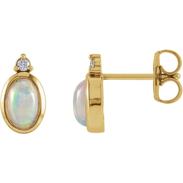 14K Yellow Natural White Ethiopian Opal & .06 CTW Natural Diamond Bezel-Set Earrings