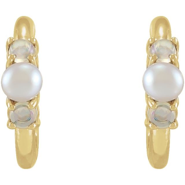 14K Yellow Cultured Seed Pearl & Ethiopian Opal Huggie Earrings