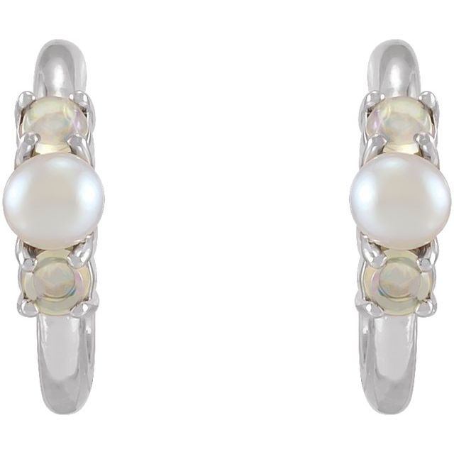 14K White Cultured Seed Pearl & Ethiopian Opal Huggie Earrings