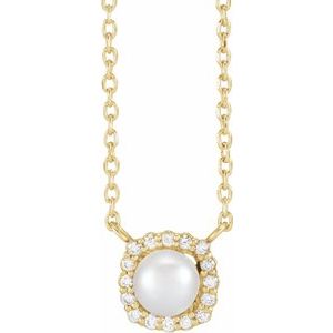 14K Yellow Cultured White Akoya Pearl .06 CTW Natural Diamond Halo-Style 18" Necklace