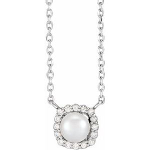 14K White Cultured White Akoya Pearl .06 CTW Natural Diamond Halo-Style 18" Necklace
