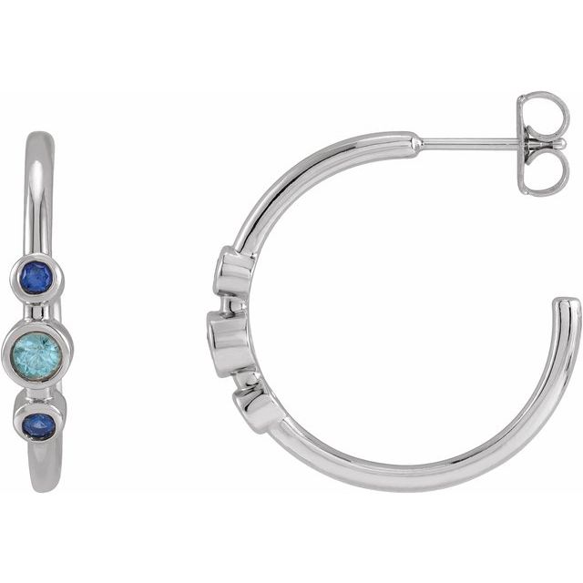 14K White Natural Blue Zircon & Natural Blue Sapphire Bezel-Set Hoop Earrings