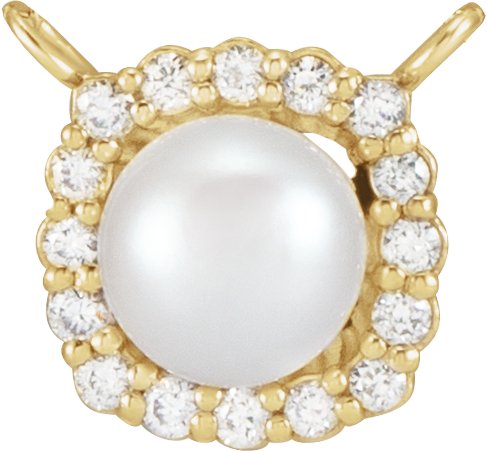 14K Yellow Gold Cultured White Akoya Pearl .06 CTW Natural Diamond Halo-Style Necklace Center