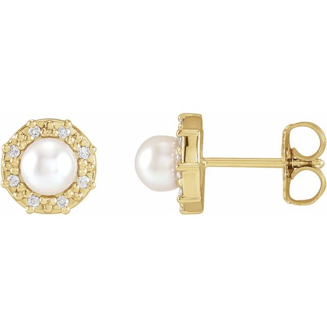 14K Yellow Cultured White Akoya Pearl & .07 CTW Natural Diamond Halo-Style Earrings