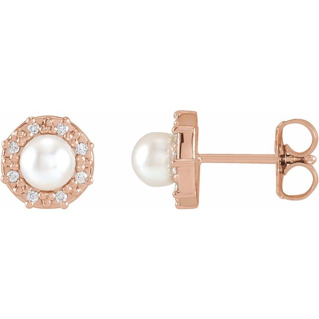14K Rose Cultured White Akoya Pearl & .07 CTW Natural Diamond Halo-Style Earrings