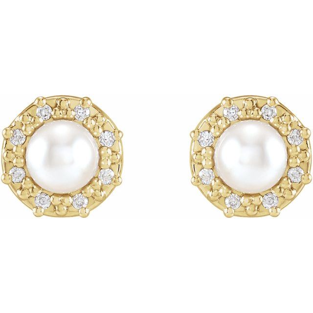 14K Yellow Cultured White Akoya Pearl & .07 CTW Natural Diamond Halo-Style Earrings