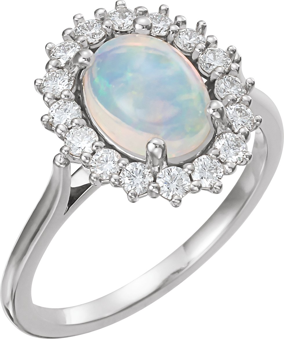 14K White Natural White Ethiopian Opal & 1/2 CTW Natural Diamond Ring