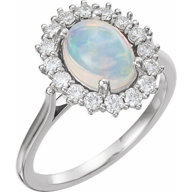 14K White Natural White Ethiopian Opal & 1/2 CTW Natural Diamond Ring