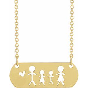 14K Yellow Father, Daughter, Son, & Mother Stick Figure Family 18" Necklace