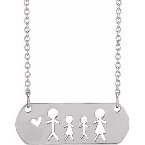 Sterling Silver Father, Daughter, Son, & Mother Stick Figure Family 18" Necklace
