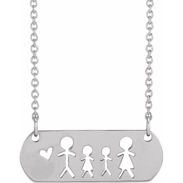Sterling Silver Father, Daughter, Son, & Mother Stick Figure Family 18 Necklace