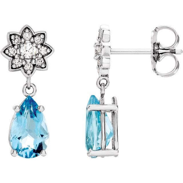 Sterling Silver Aquamarine & 1/6 CTW Diamond Cluster Earrings