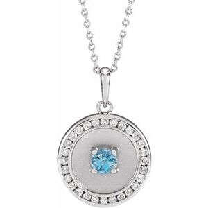 14K White Natural Aquamarine & 1/4 CTW Natural Diamond Disc 16-18" Necklace