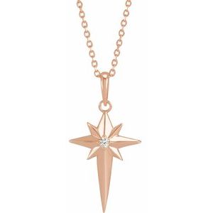 14K Rose .03 CT Natural Diamond Celestial Cross 16-18" Necklace