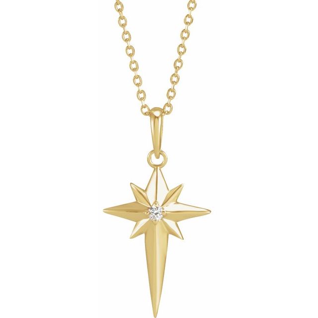 14K Yellow .03 CT Natural Diamond Celestial Cross 16-18" Necklace