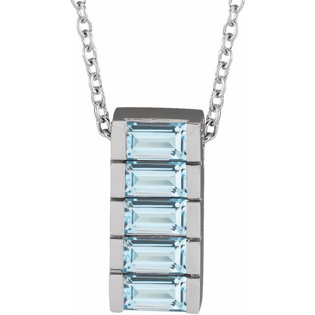 14K White Natural Sky Blue Topaz Channel-Set Bar 16-18" Necklace